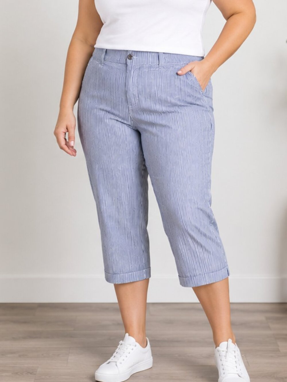 Kim Rogers Blue White Striped Capri Pants Women's Size 14 Pull-On Casual